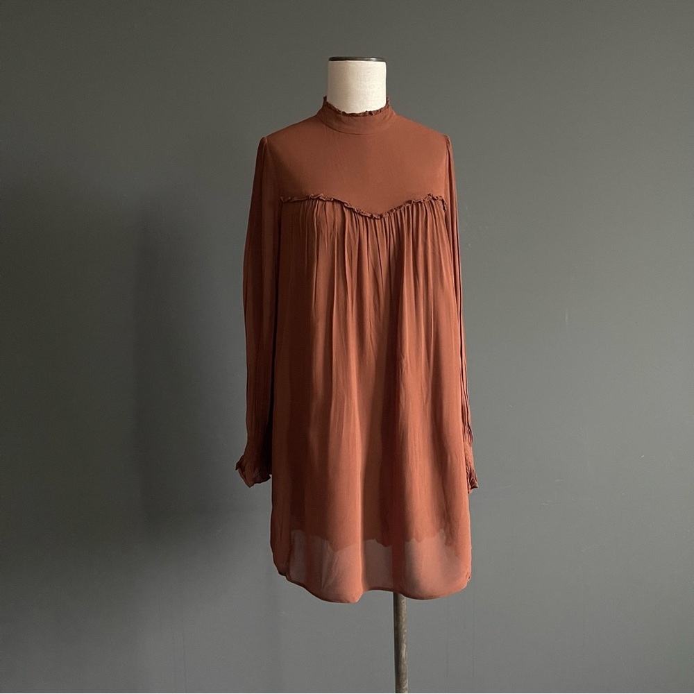 Reformation Rust High Neck Mini Dress Smocked Sleeve Boho Chic Brown Terracotta
